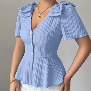 3/$30 Darling Dusty Blur Blouse With Bows